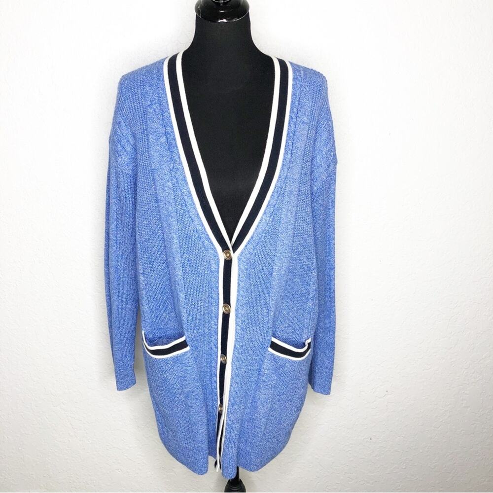 Talbots blue black white stripe trim button front v neck cardigan size Large